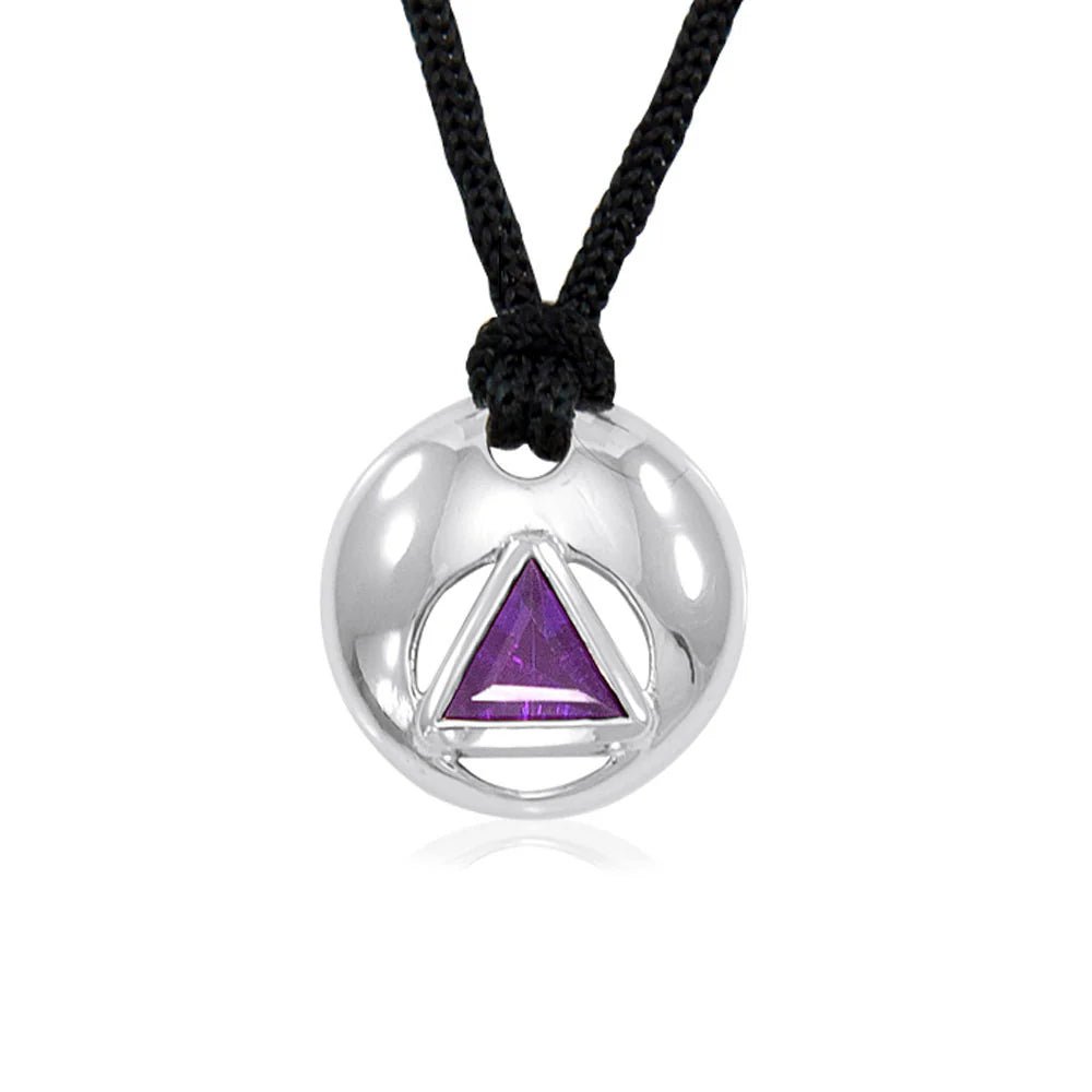 "Circle of Recovery" A.A. Symbol Silver Disk Pendant - Genuine Amethyst | Sobervation
