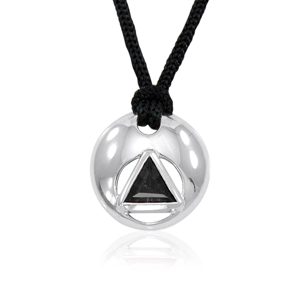 "Circle of Recovery" A.A. Symbol Silver Disk Pendant - Synthetic Black Onyx | Sobervation