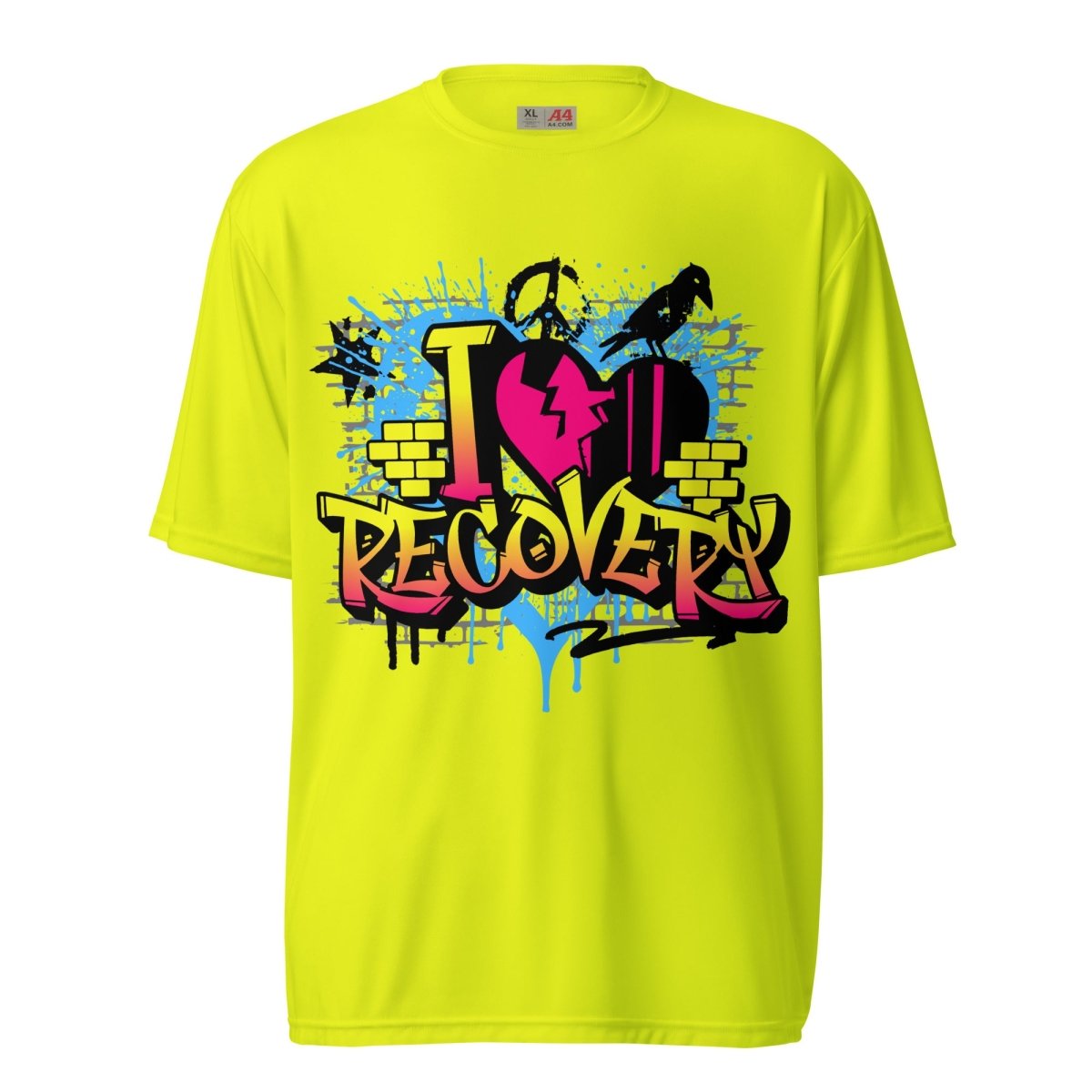 "I Love Recovery" Performance Crew Tee - Unleash Your Active Sobriety - Safety Yellow / S | Sobervation