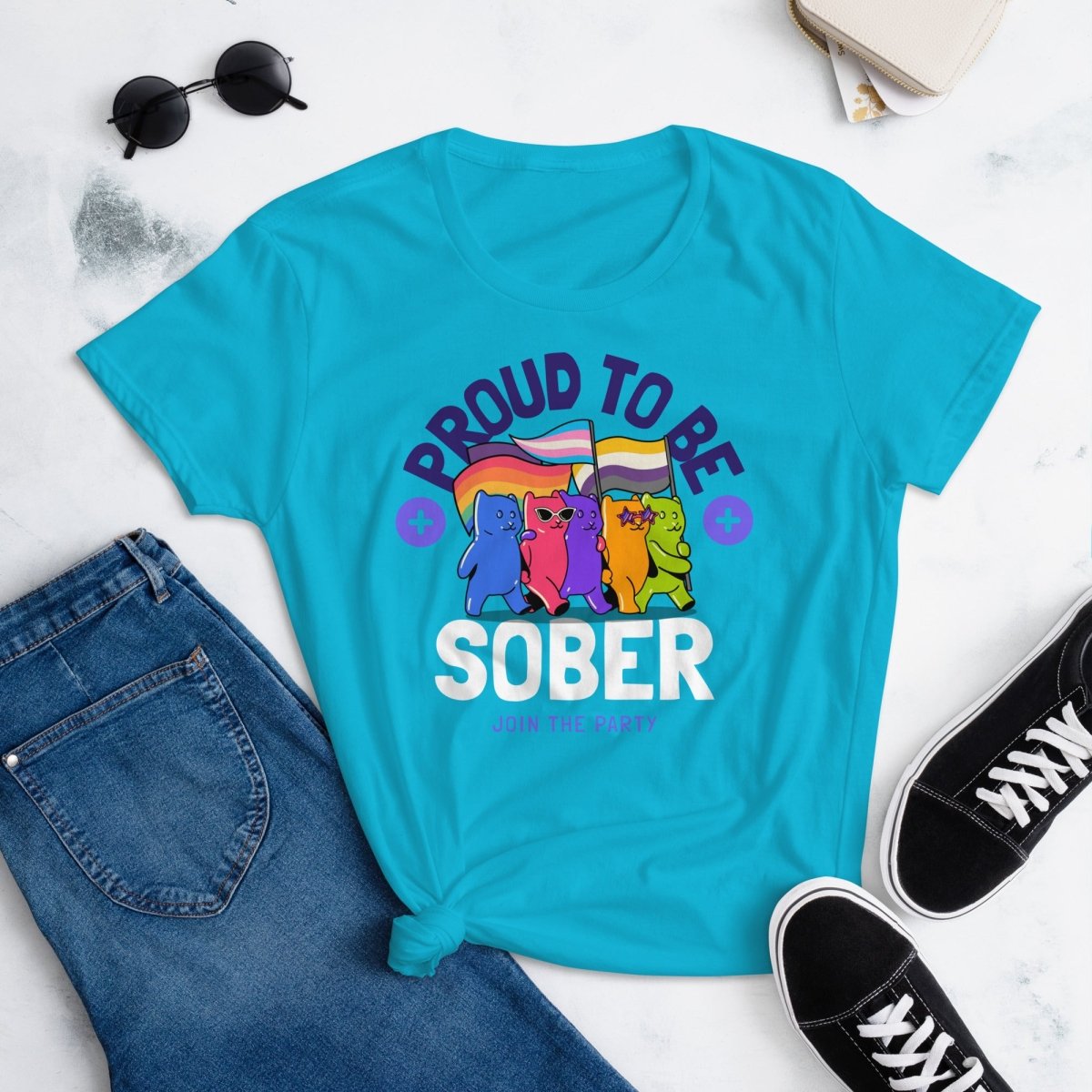 "Proud to be Sober" Women's Fashion Tee - Rainbow Resilience Collection - Caribbean Blue / S | Sobervation