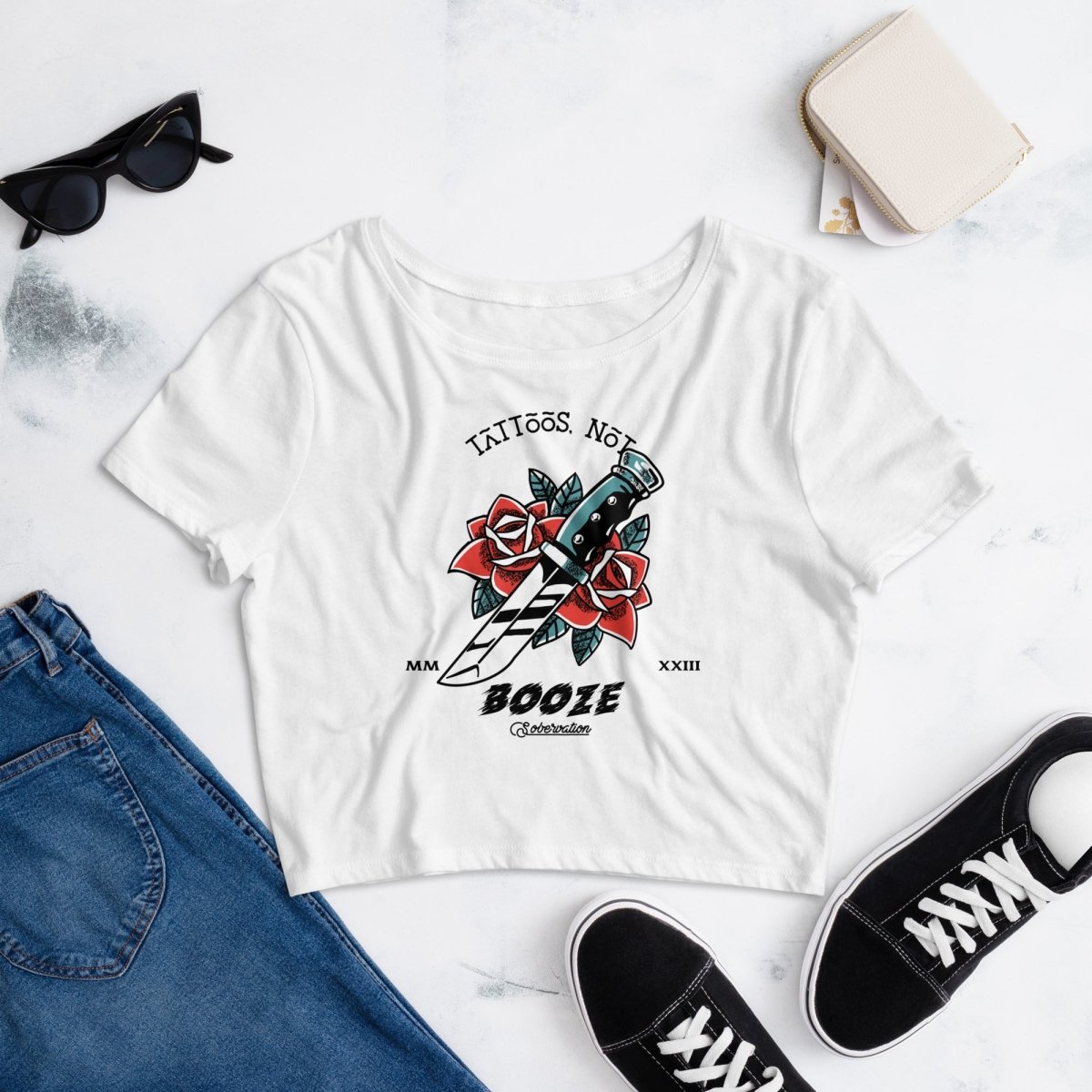 Tattoos Not Booze Rose Dagger Women's Crop Tee - Sobervation