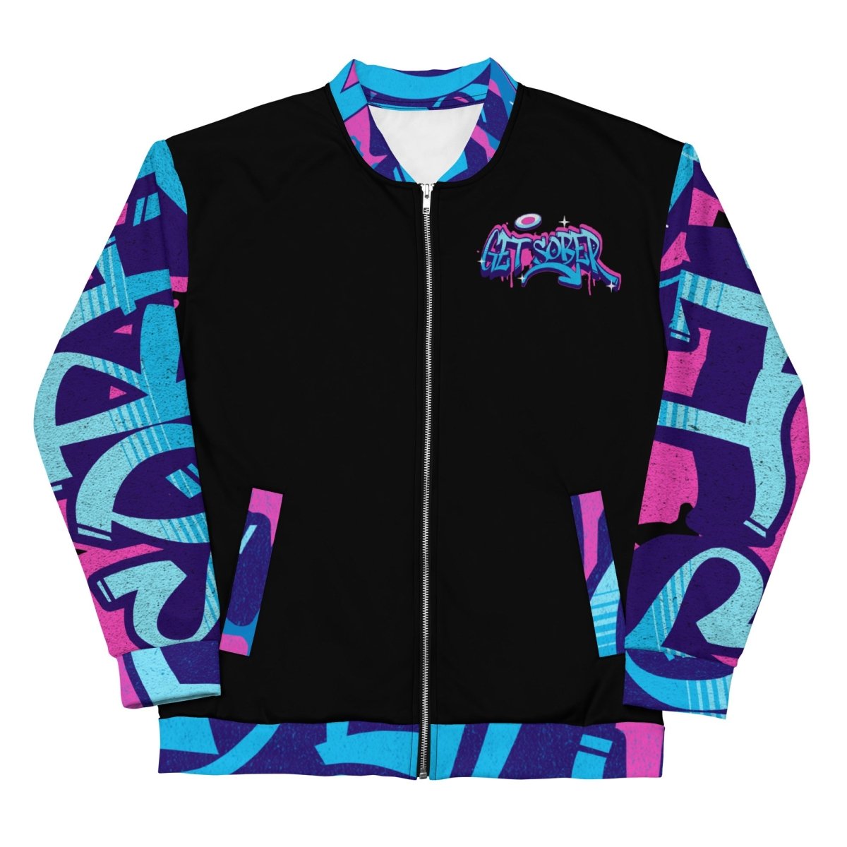 "Get Sober" Graffiti-Style Bomber Jacket: Embracing Recovery with Edgy Style - XS | Sobervation