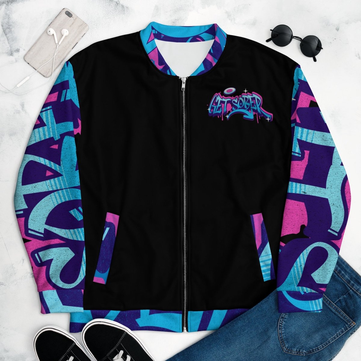 "Get Sober" Graffiti-Style Bomber Jacket: Embracing Recovery with Edgy Style - | Sobervation