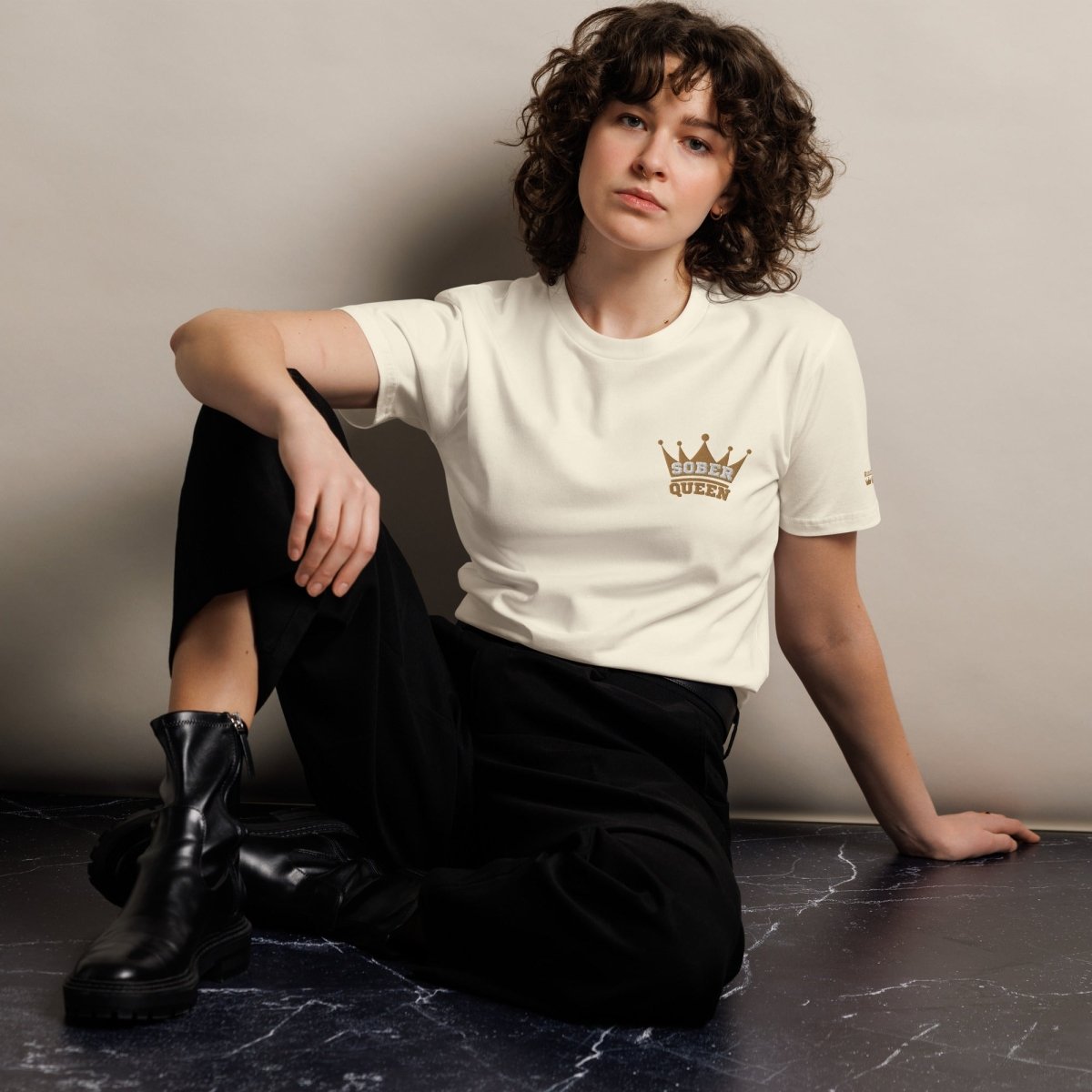 Glitter and Gold Embroidered Sober Queen Premium Tee - | Sobervation