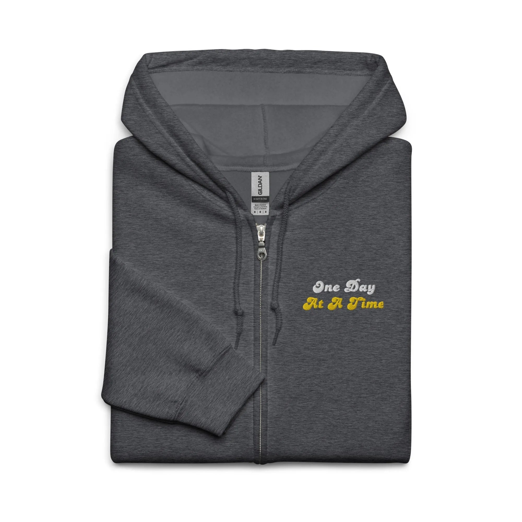 One Day At A Time - Embroidered Zip-Up Hoodie - Dark Heather / S | Sobervation