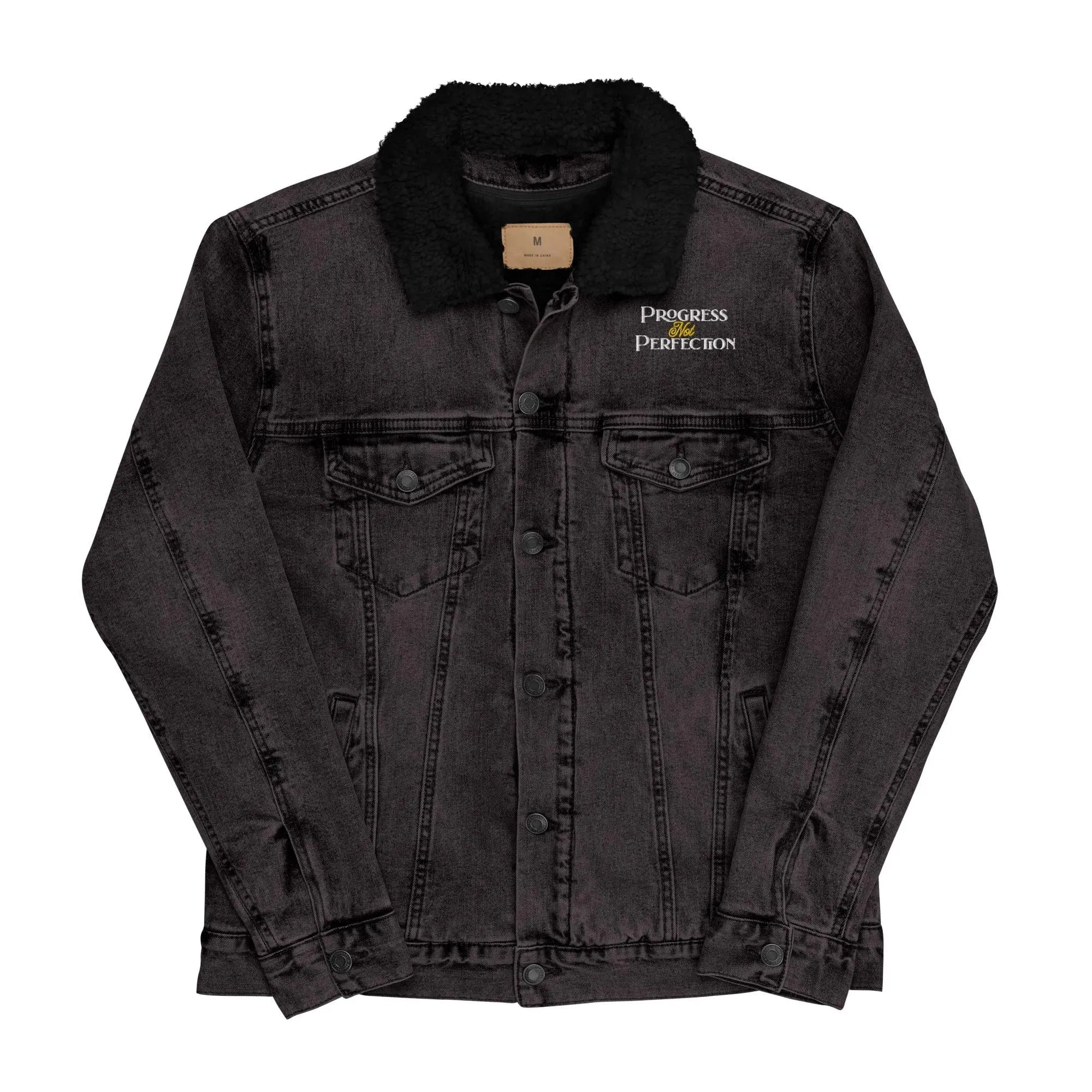 Progress Not Perfection - Embroidered Unisex denim sherpa jacket - | Sobervation