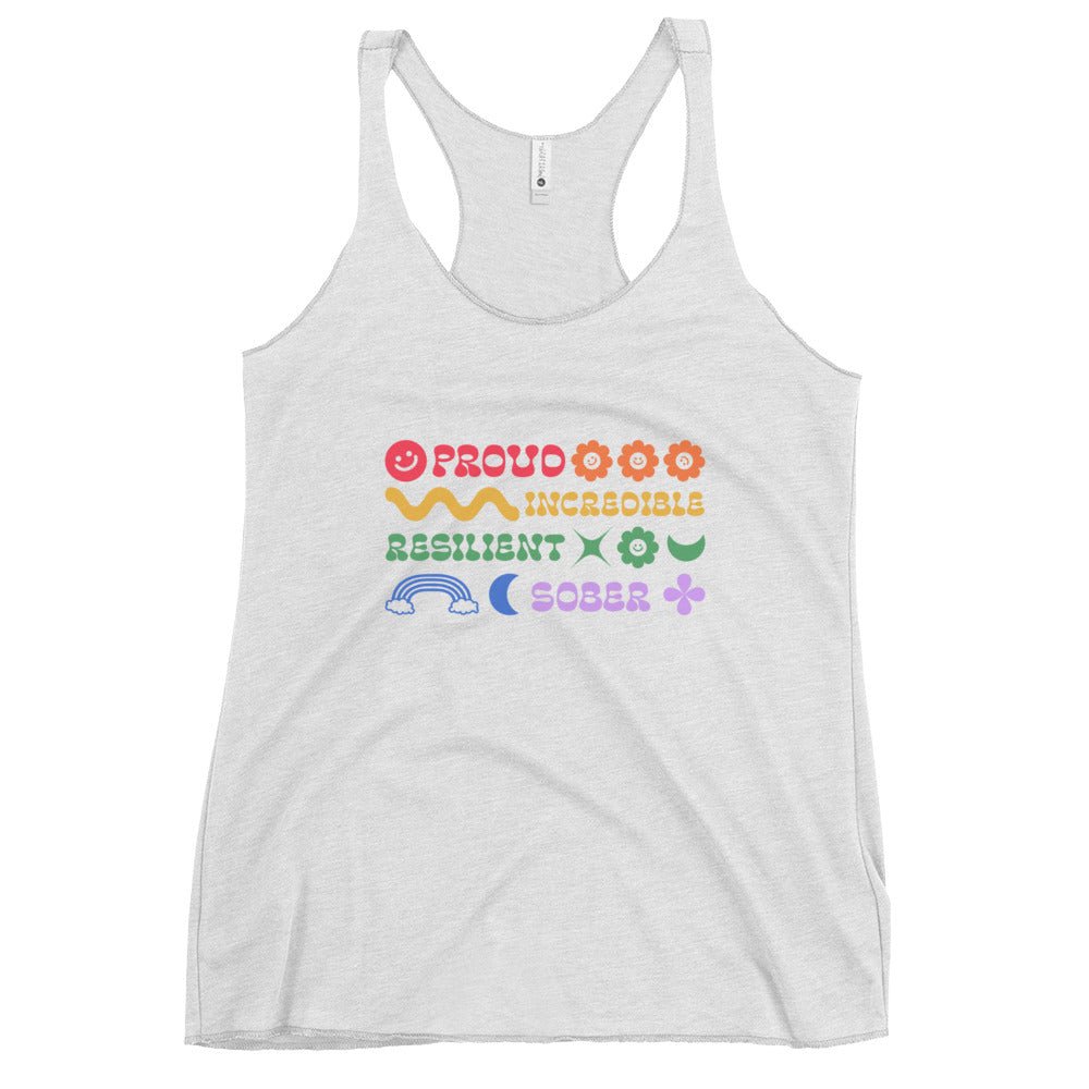 Rainbow Resilience Racerback Tank - Incredible & Sober - Heather White / XS | Sobervation