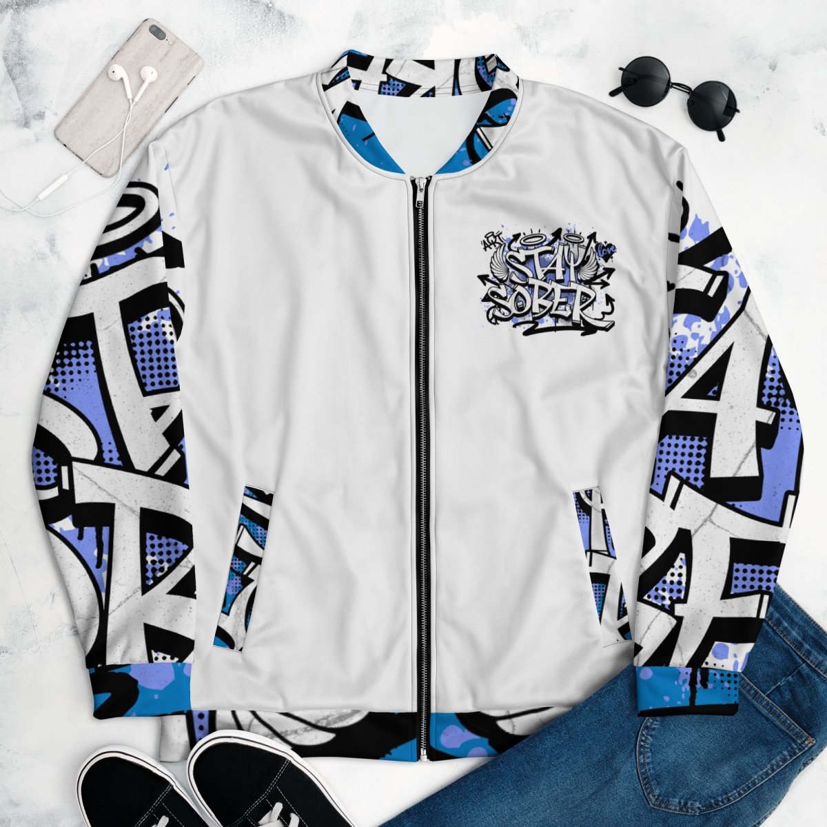 "Stay Sober" Graffiti-Style Bomber Jacket: Embracing Recovery with Rebellious Flair - | Sobervation