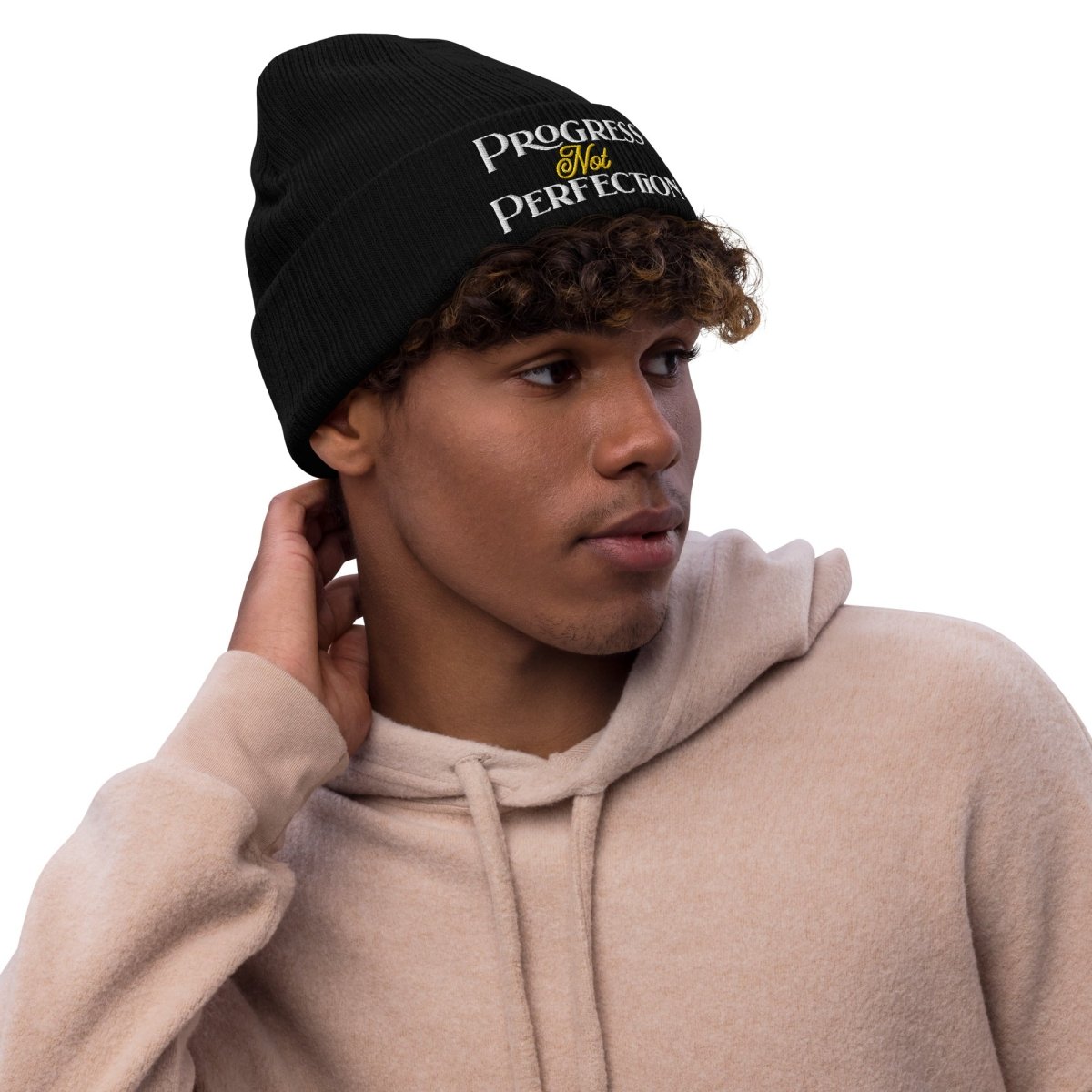 Sustainable 'Progress Not Perfection' Ribbed Knit Beanie - Sobervation