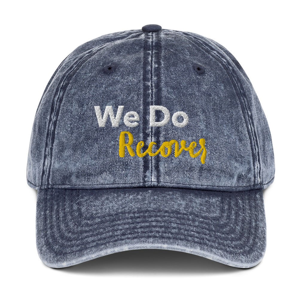 "We Do Recover" Vintage Cotton Twill Cap - Timeless Style, Empowering Message - Navy | Sobervation